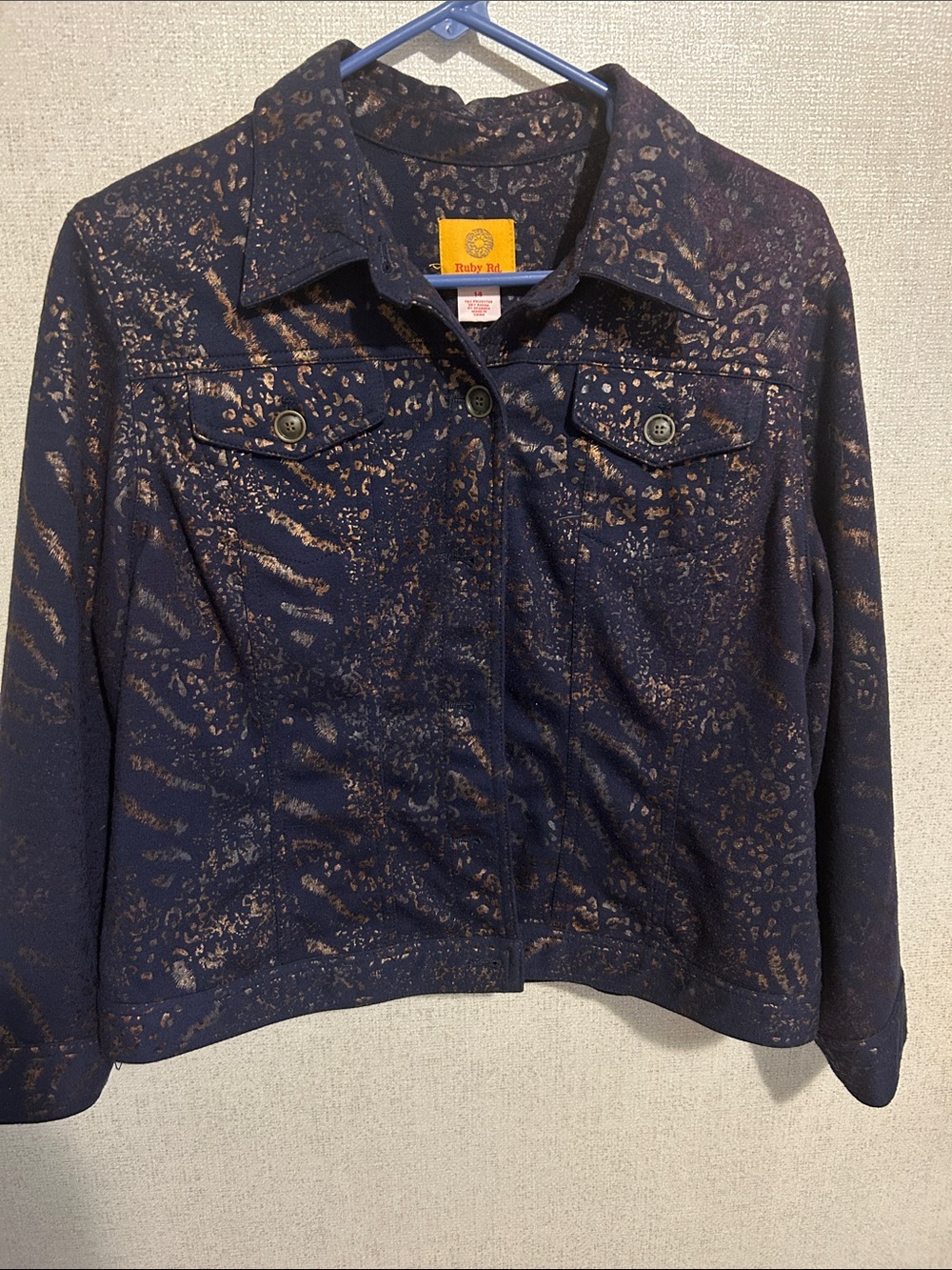 Ruby Rd. Navy Jacket with Metallic Bronze Animal Print